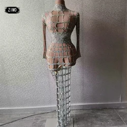 sexy Cutout dress long sleeve AB rhinestones Pearl party club birthday outfits for women stage performance costume spandex