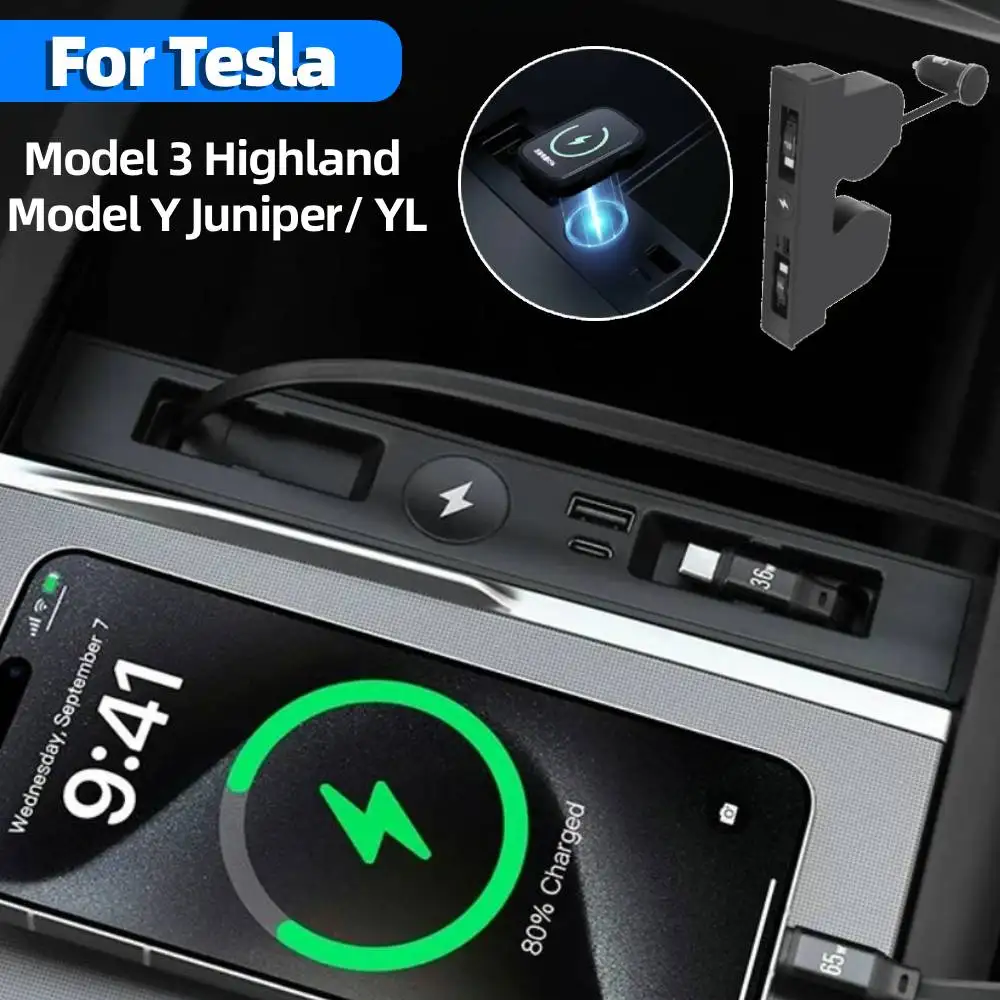 For Tesla Juniper Model Y /YL/ 3 Electric Vehicle Center Console Retractable Docking Station with Wireless Watch Fast Charger