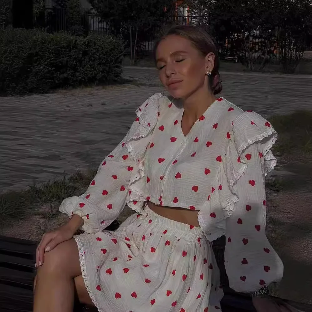 

Свежая и милая юбка с принтом, комплект из двух предметов, женский короткий кардиган с рюшами и длинными рукавами, мини-юбка с высокой талией, комплекты из 2 предметов, женские