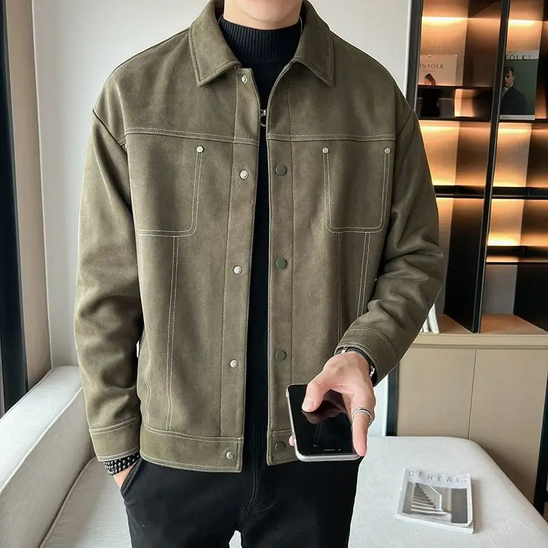 

Spring Autumn Men's New Fashion Loose Solid Color Turn-down Collar Long Sleeve Jacket Simple Casual Trendy Jacket Coat Male Tops