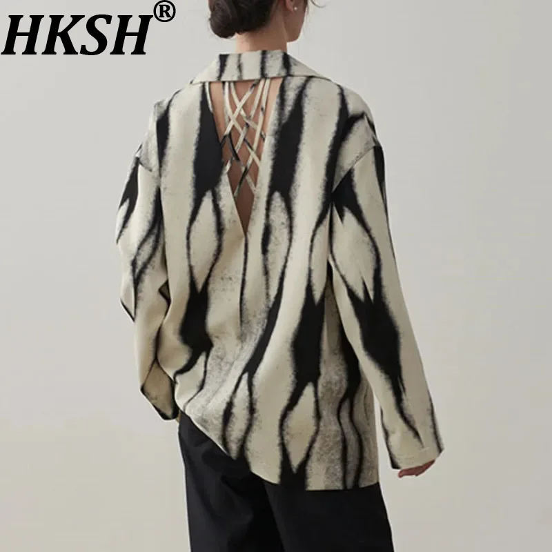 HKSH Women Thin Blazer Back Hollow Out Notched Collar Single Breasted Tie-Dye Elegant High-end Jackets New Spring Summer HK12634