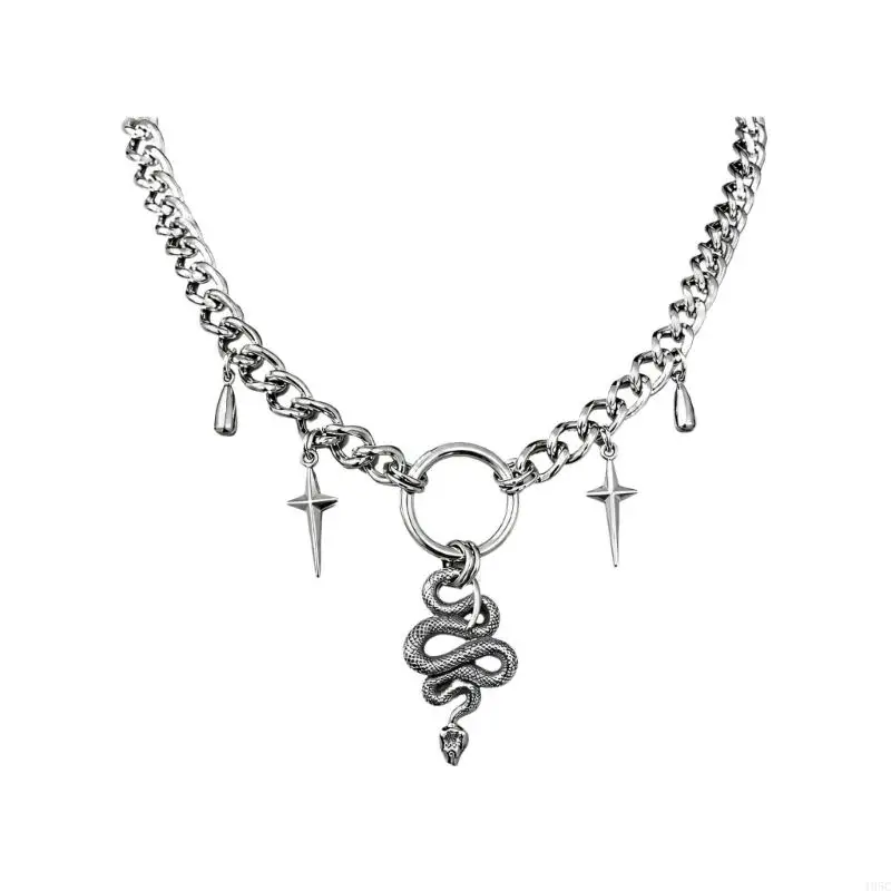 195C Gothic Snake Pendant Necklace Featuring a Central Ring, Hanging Teardrop and a Bold Silver-Tone Curb-Link Chain for