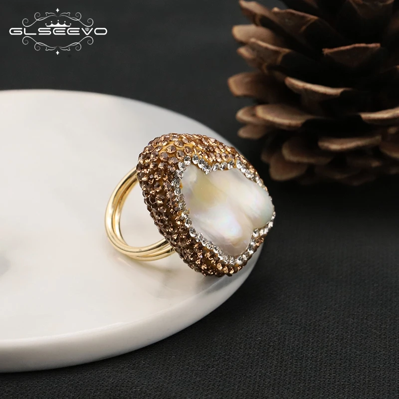 GLSEEVO Natural Irregular Baroque Pearl Women\'s Ring Personality Elegant Exquisite Luxury Atmosphere Girls Banquet Jewelry