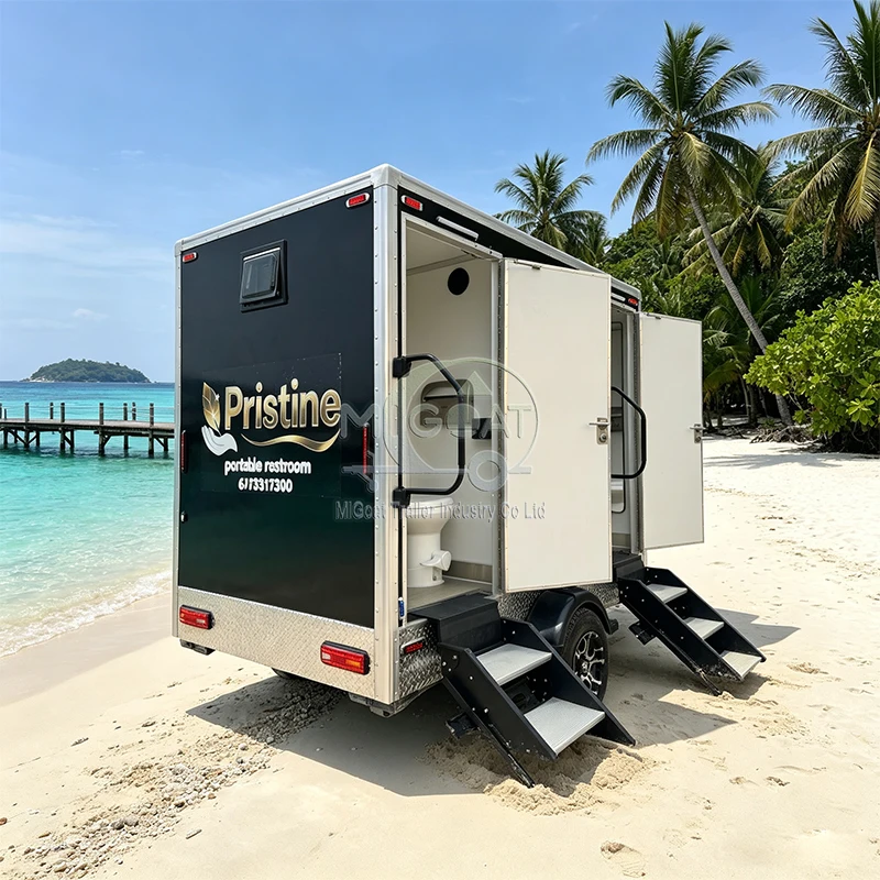 Luxury Portable Restroom Trailer Black Square Box Dual Private Stalls With Toilet Urinal And Wash Basin