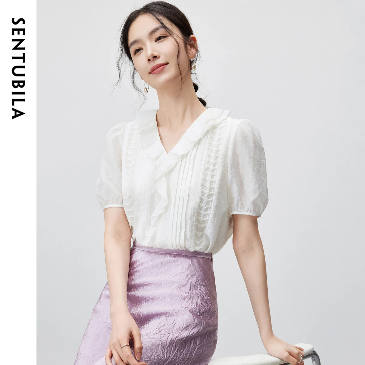 SENTUBILA Elegant Ruffles White Blouse For Women 2025 Spring Straight Chiffon V Neck Puff Sleeve Folds Pullover 142V54948