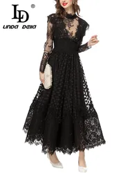 LD LINDA DELLA Summer Style Birthday Dress For Women Black Transparent Round Neck  Splice Print Elastic Waist Lace Long Dress