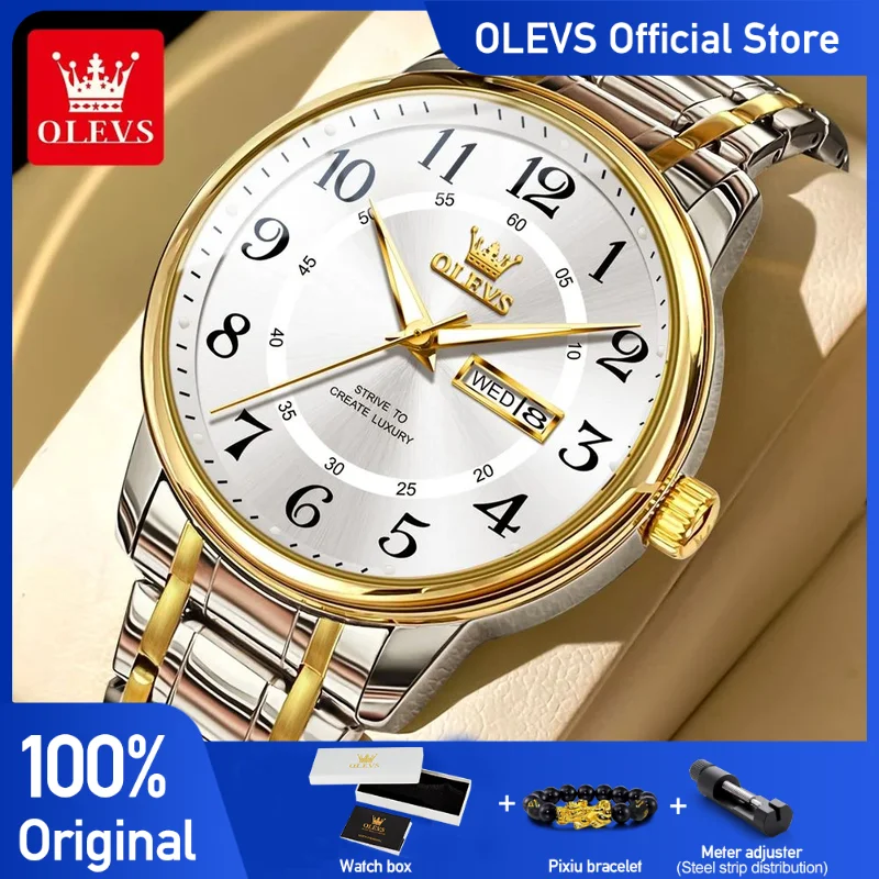 OLEVS Men\'s Watches Simple Original Quartz Wristwatch Roman Numeral Dial Date Week Display Waterproof Luminous Stainless Steel