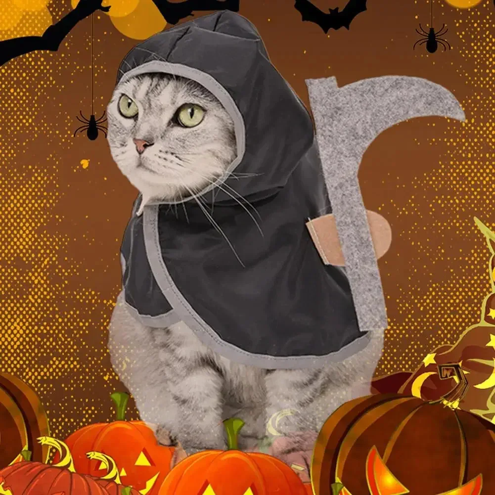 

Halloween Cat Costume Death Cloak Cape Dress Up Clothes Comical Outfits Holding Knife Festival Clothing Kitten Pet Product