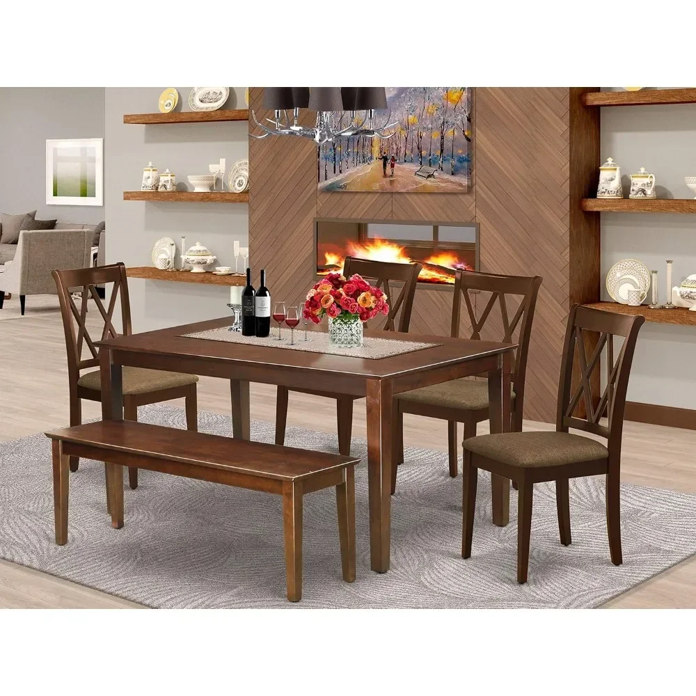 

6 Piece Dining Room Set, Contains a Rectangle Dininer Table and 4 Linen Fabric Upholstered Chairs with Bench, Dining Table Set