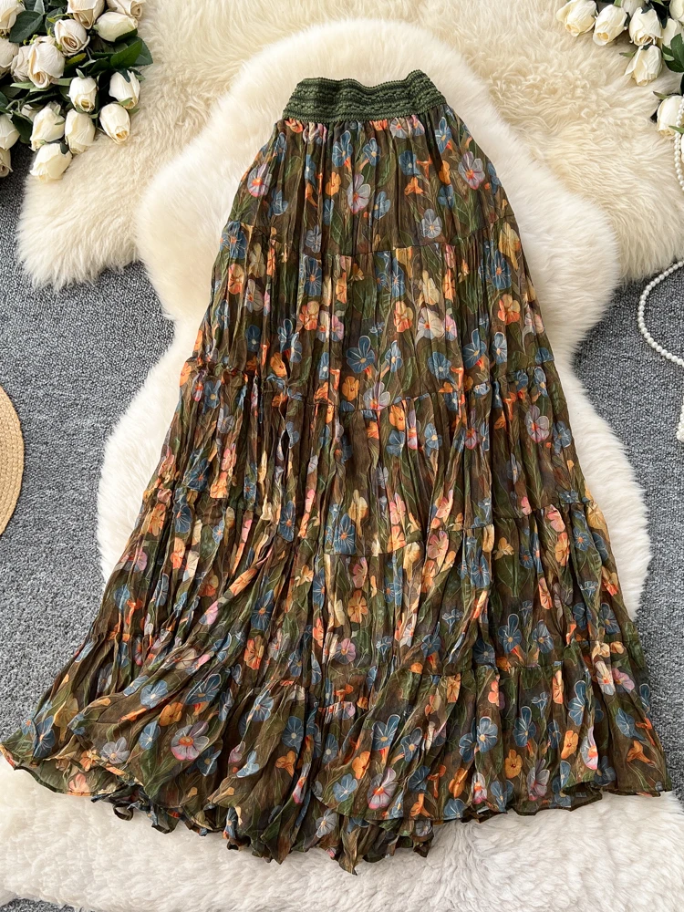 Retro Floral Embroidery Lace Elastic Waist Draped Half Skirt Women's High Waist Midi Skirt City Commute Standard Fit A-Line S...