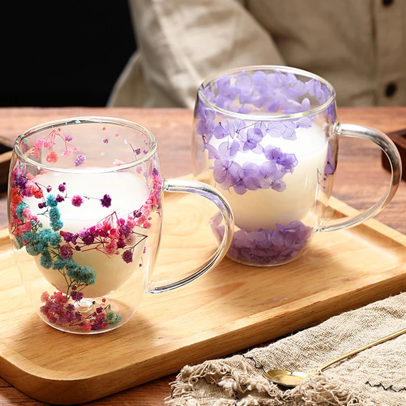 YOMDID Petal Glass Cup Flowers Double Layer Glass Cup Coffee Milk Beverage Cup Drinking Cup 350ml Water Cup Kitchen Accessories