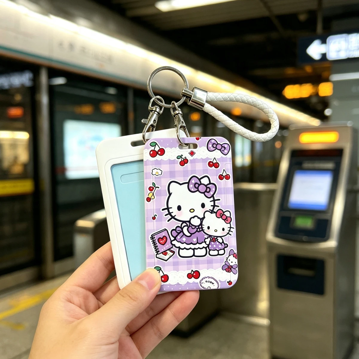 Hello Kitty Cute Card Holder with Lanyard, Kawaii Student ID Bus Metro Card Protector, Portable Keychain Badge Holder