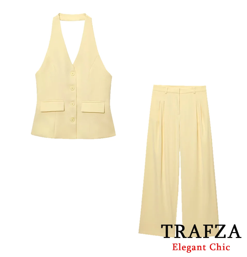 

TRAFZA Summer Romantic Yellow Pant Set Women's Sexy Halter Top Or Long Pant 2025 Fashion High Street Holidays Lady Pant Set