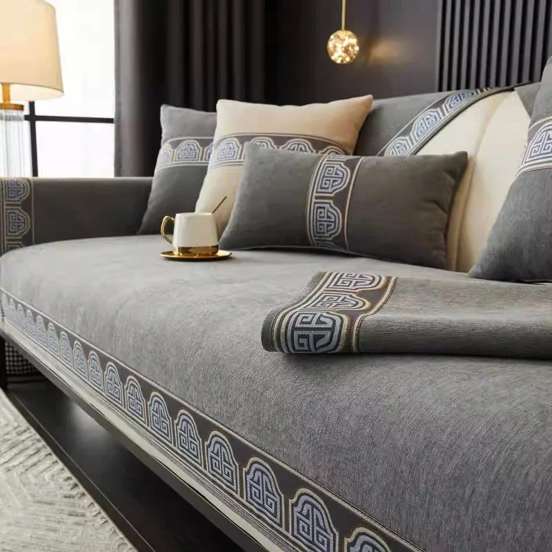 Chenille Gold Thread Embroidery Non-slip Sofa Towel Pillowcase Decore Home L-shaped Sofa Pad Four Season Universal Sofa Cover