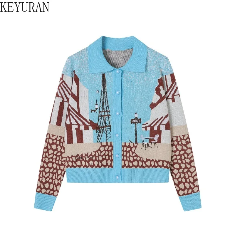 

Осень 2024, новый винтажный контрастный жаккардовый вязаный кардиган, женский однобортный короткий свитер с отложным воротником, куртка, топы