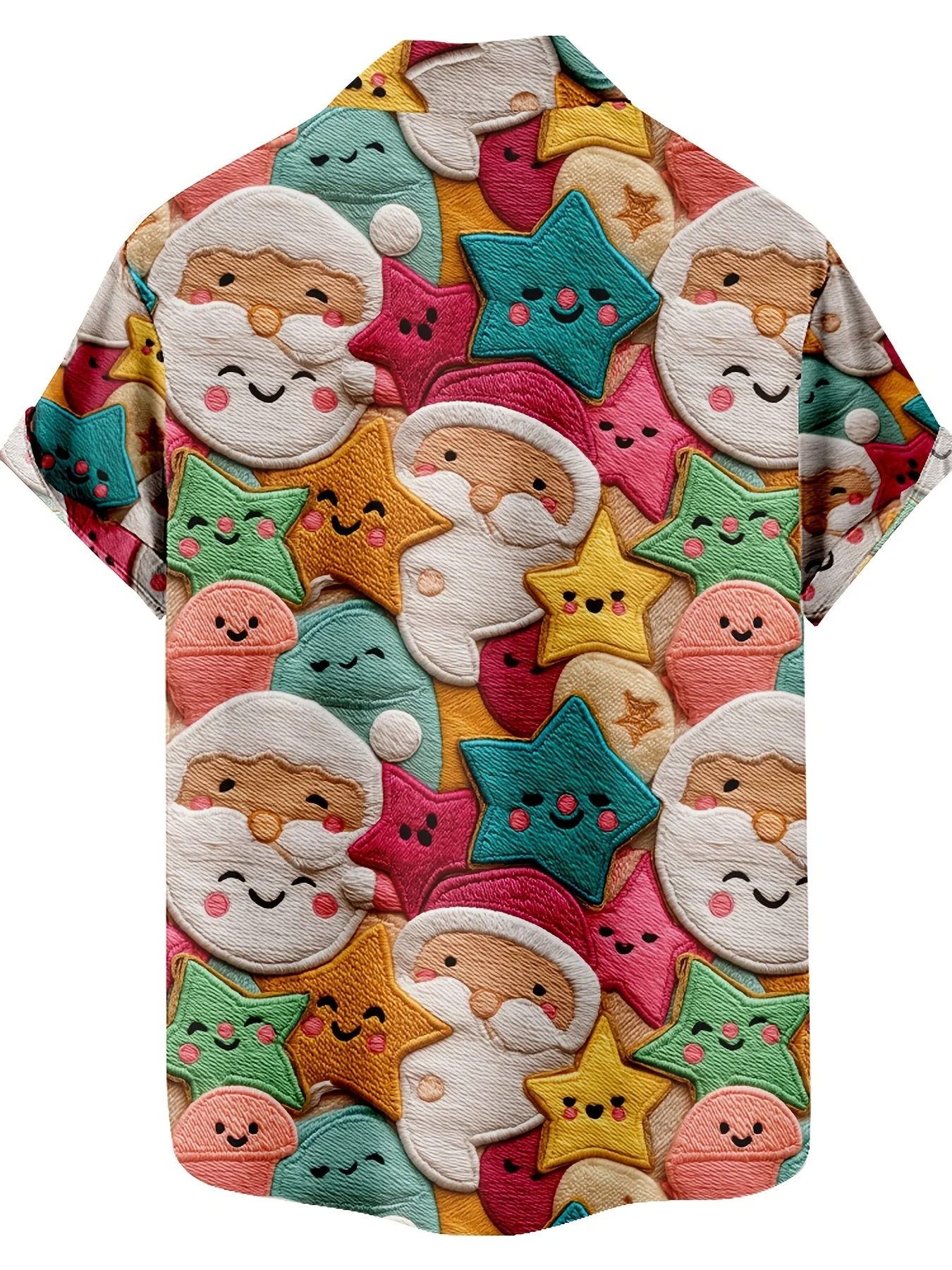 Cartoon Stitched Santa Smiley Star Cookie Pattern Unisex Short Sleeve Blouse Camp Collar Loose Holiday Shirt