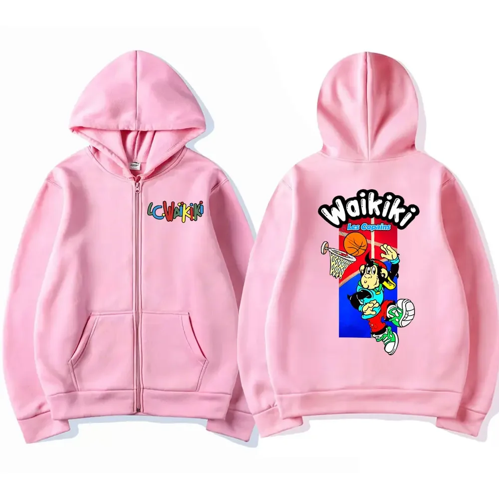 Funny Lc Waikiki Monkey Playing Basketball Zipper Hoodie Men Women's Fashion Streetwear Male Kawaii Oversized Zip Up Sweatshirt