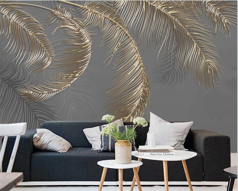 

Customized large wallpaper 3d hand-painted light luxury feather ins background wall golden embossed line TV decorative mural