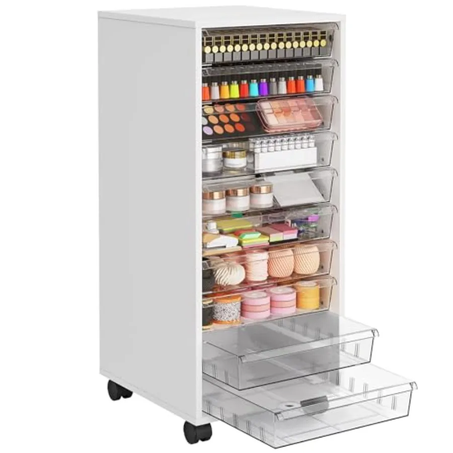 

Мобильная тележка-органайзер WOPITUES с 10 большими прозрачными ящиками, деревянная тележка на колесах для косметики и инструментов