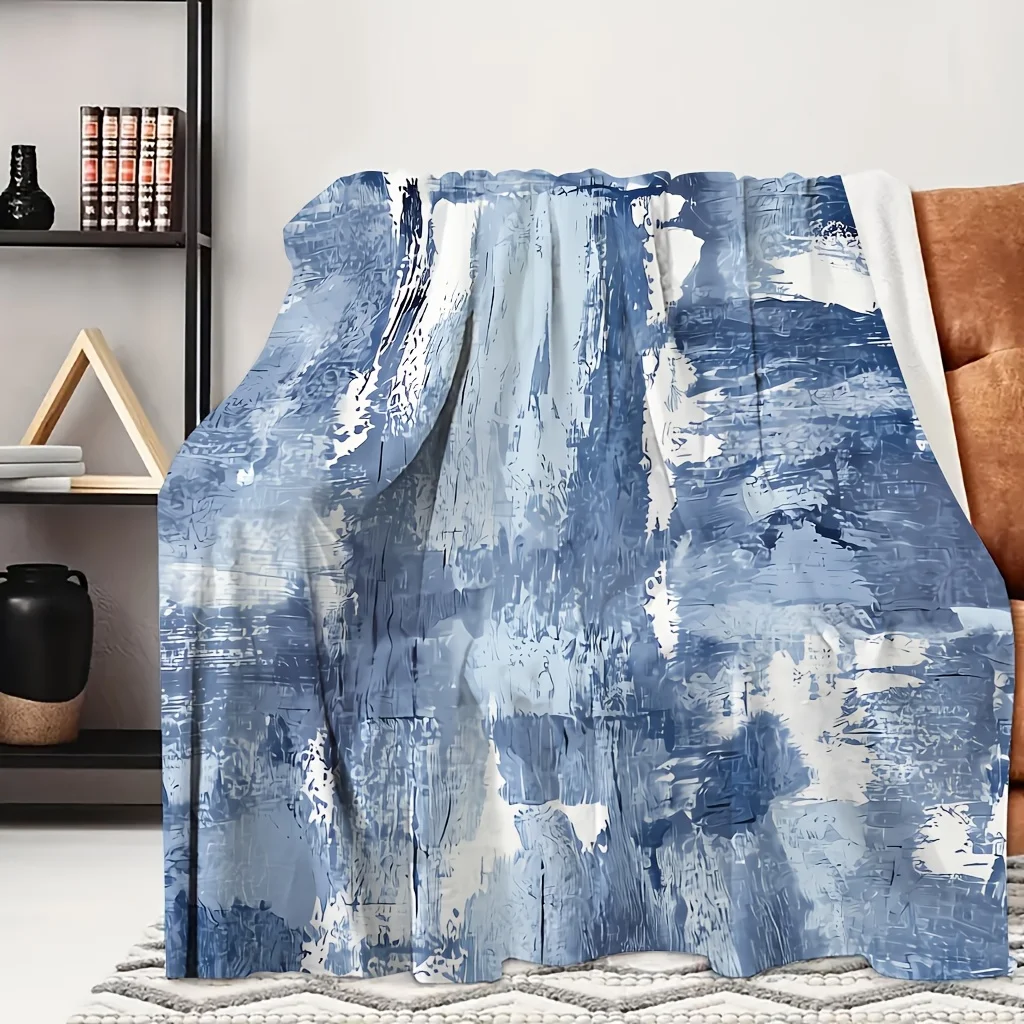 1pc Grey Blue Brush Stroke Abstract Texture Print Flannel Blanket, Comfortable and Practical, Suitable for Blankets, Kid Bed Cov