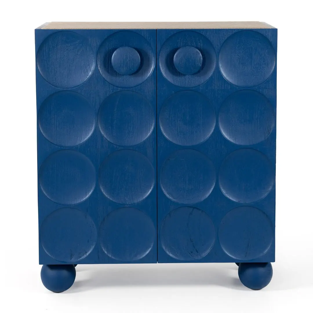 Round wooden bar cabinet, blue, multi-compartment wine and beverage cabinet, modern interior furniture
