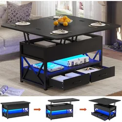 LED 4 in 1 Coffee Tables with Storage, 40 Inc Lift Top Coffee Table, Small Coffee Table with 2 Drawers for Diner, Reception Room