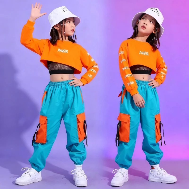 Hip Hop Girls Crop Top contrast Cargo Pants Child Jazz Joggers Streetwear Sweatshirt Kids Street Dance Cheerleader Clothes Sets