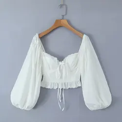 Mingmingxi Summer Lantern Sleeve White Crop Top Elegant Back Lace Up Tops Casual Streetwear Blouse Women Tops 2023