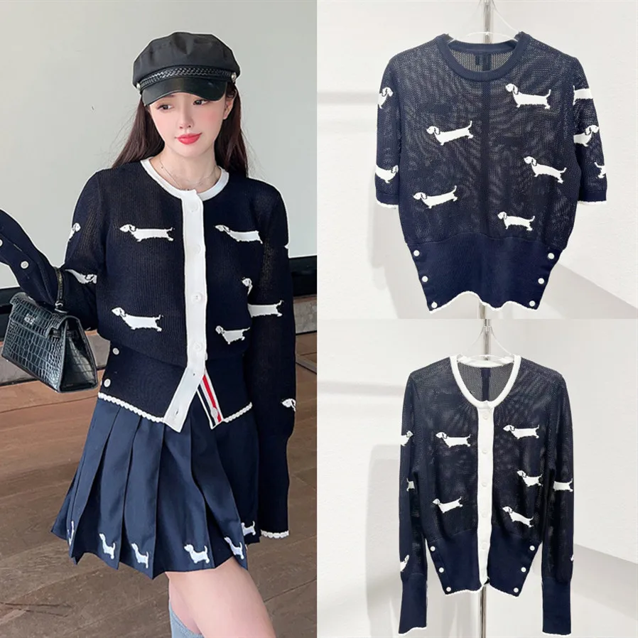 

High-End Version Design Sense Cartoon Dog Long Sve round Ne Knitted Open Cardigan Women Hollow Me Top Summer 2024