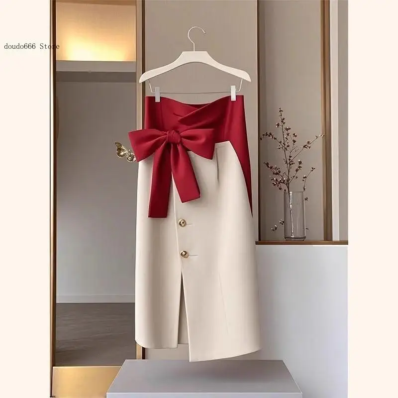 Office Lady Midi Jupe Women's Asymmetric Patchwork Faldas Elegant Bow Party Skirt Spring Single Breasted
