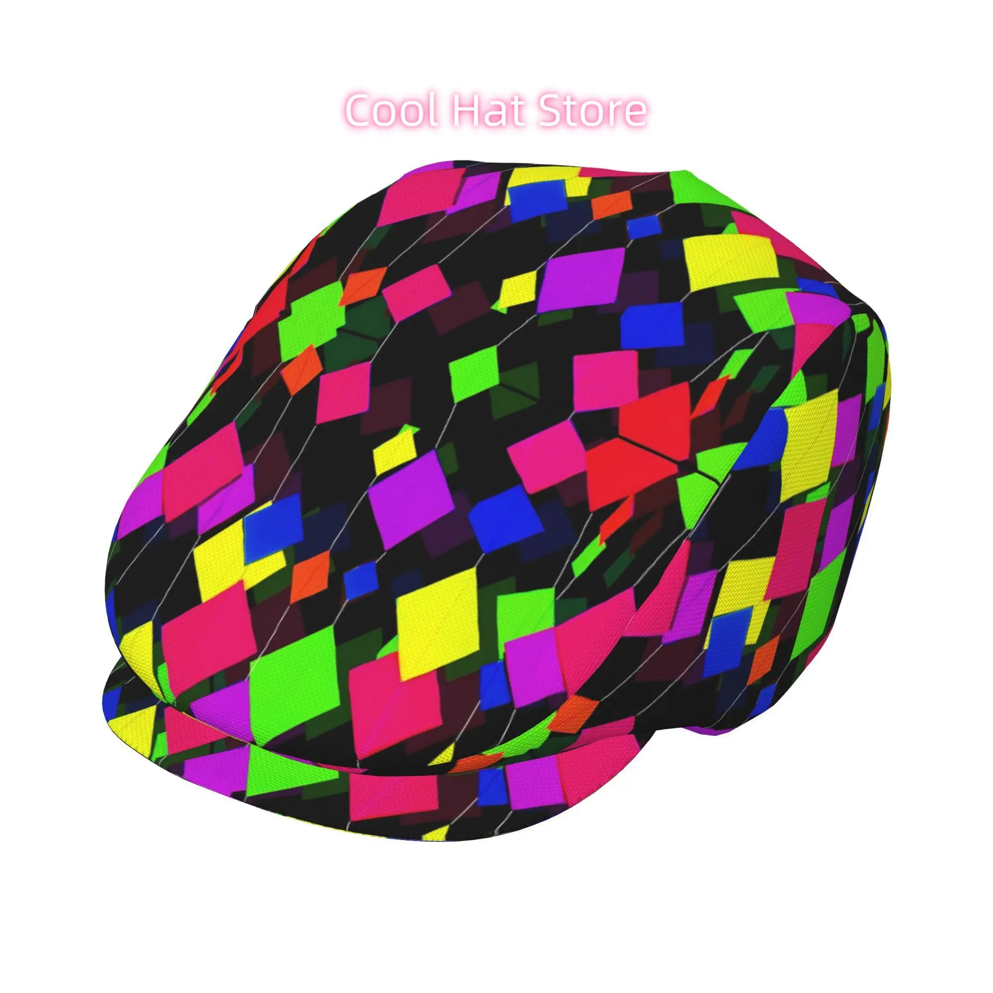 1pc Men's & Women's Retro 80s Neon Multicolor Block-Patterned Beret Cap - Adjustable Snapback Closure, Lightweight Polyester All