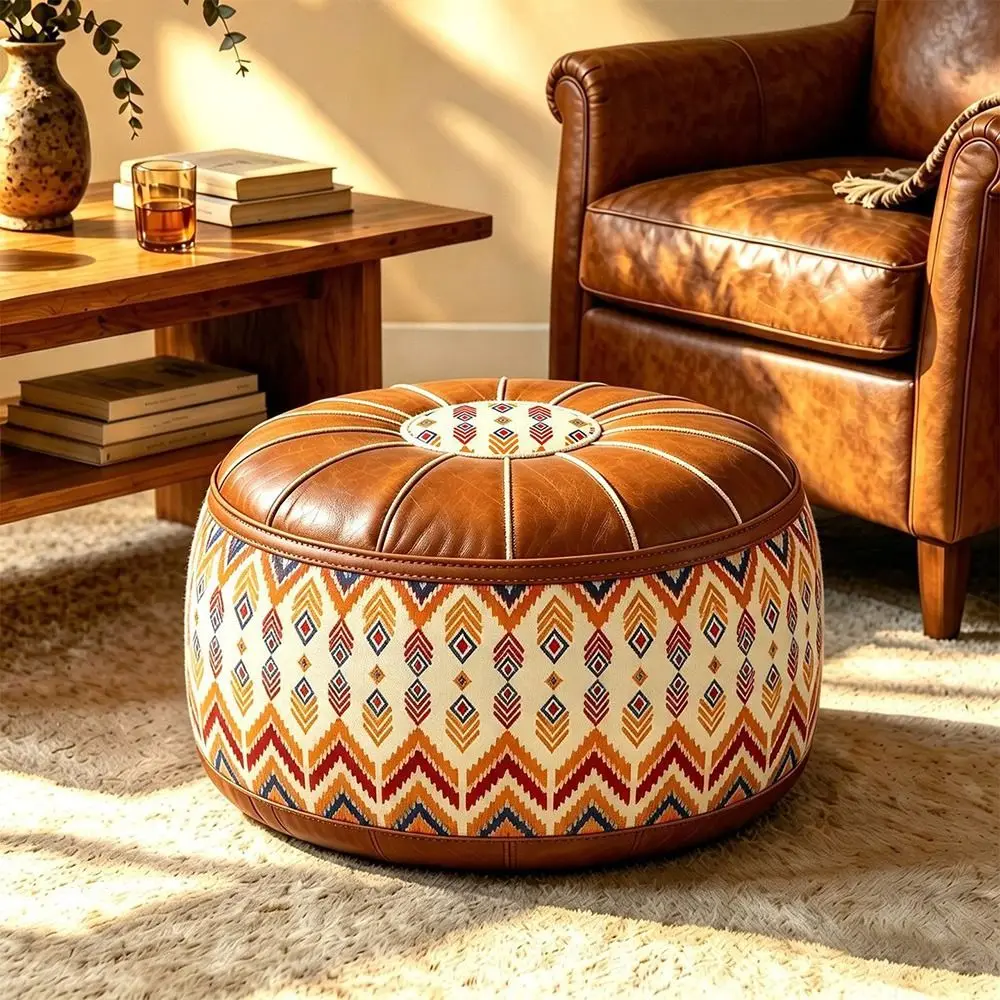 New PU Leather Fillable Ottoman Pouf Embroidered Pattern Moroccan Style Storage Ottoman Round Shape Floor Seat Cushion Home Use