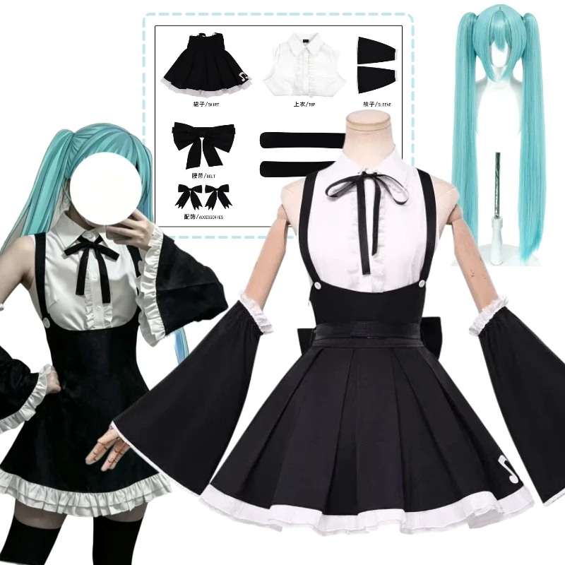 Costume de cosplay Hatsune Miku, chanteuse virtuelle, style gothique, robe noire, uniforme de demoiselle d'honneur avec perruque, ensemble complet pour femmes