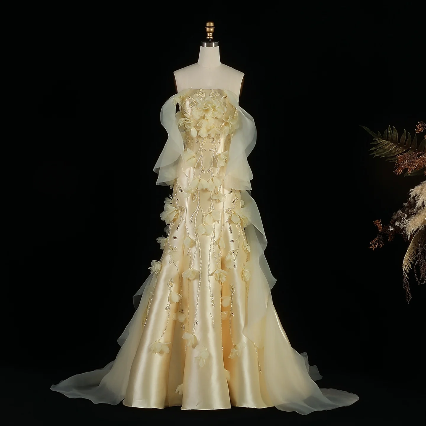 Sharon Said Gelbes Meerjungfrauenkleid für Damen, formelles Abendkleid, schulterfrei, mit 3D-Blumen, Rüschen, Perlen, Party- und Ballkleid SS505, maßgeschneidert – Detail 4