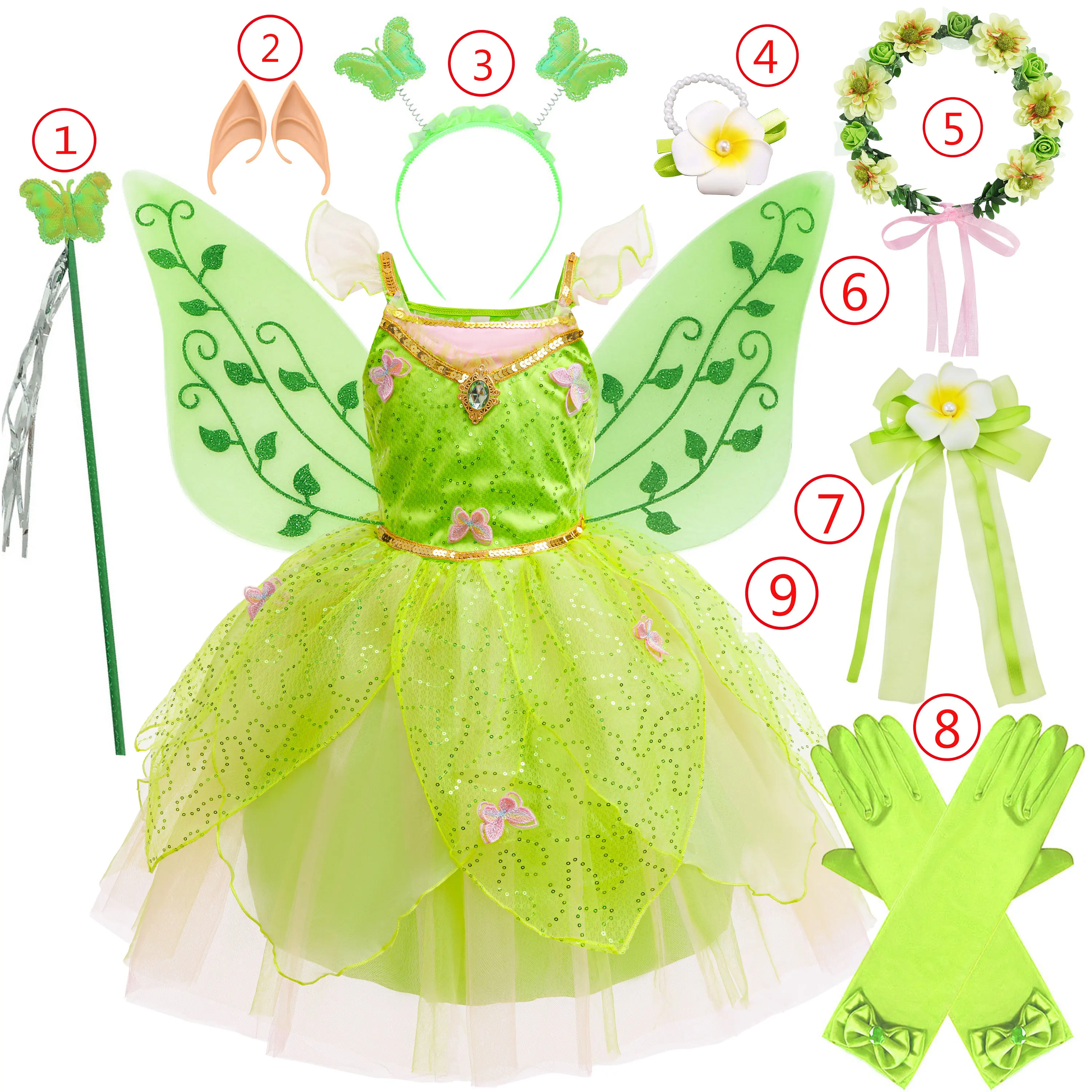 2026 New Halloween Carnival Birthday Party Girl Cosplay Elf Fairy Green Cute Fluffy Costume + Wings + Accessories 8-piece Set