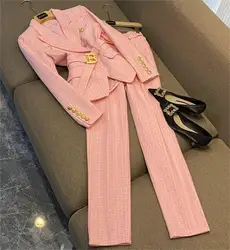 European Style Office Lady High Quality Formal Suit Long Sleeve Notched Blazer With Belt Pencil Pants Women Jacquard 2Pcs