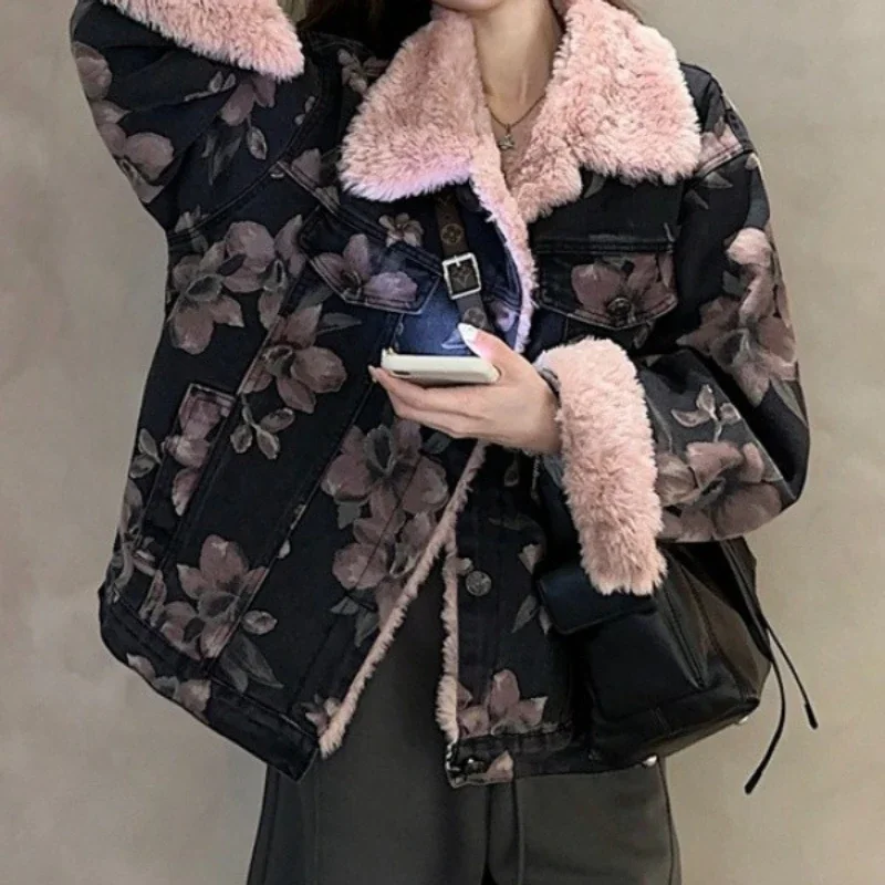 Denim Cotton Clothes 2025 Winter Thickened New Small Print Retro Design Warm Top