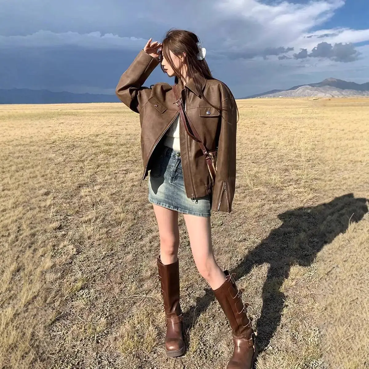 

Коричневая куртка, женская весенне-осенняя новинка 2026, кожаная мотоциклетная куртка в американском стиле ретро