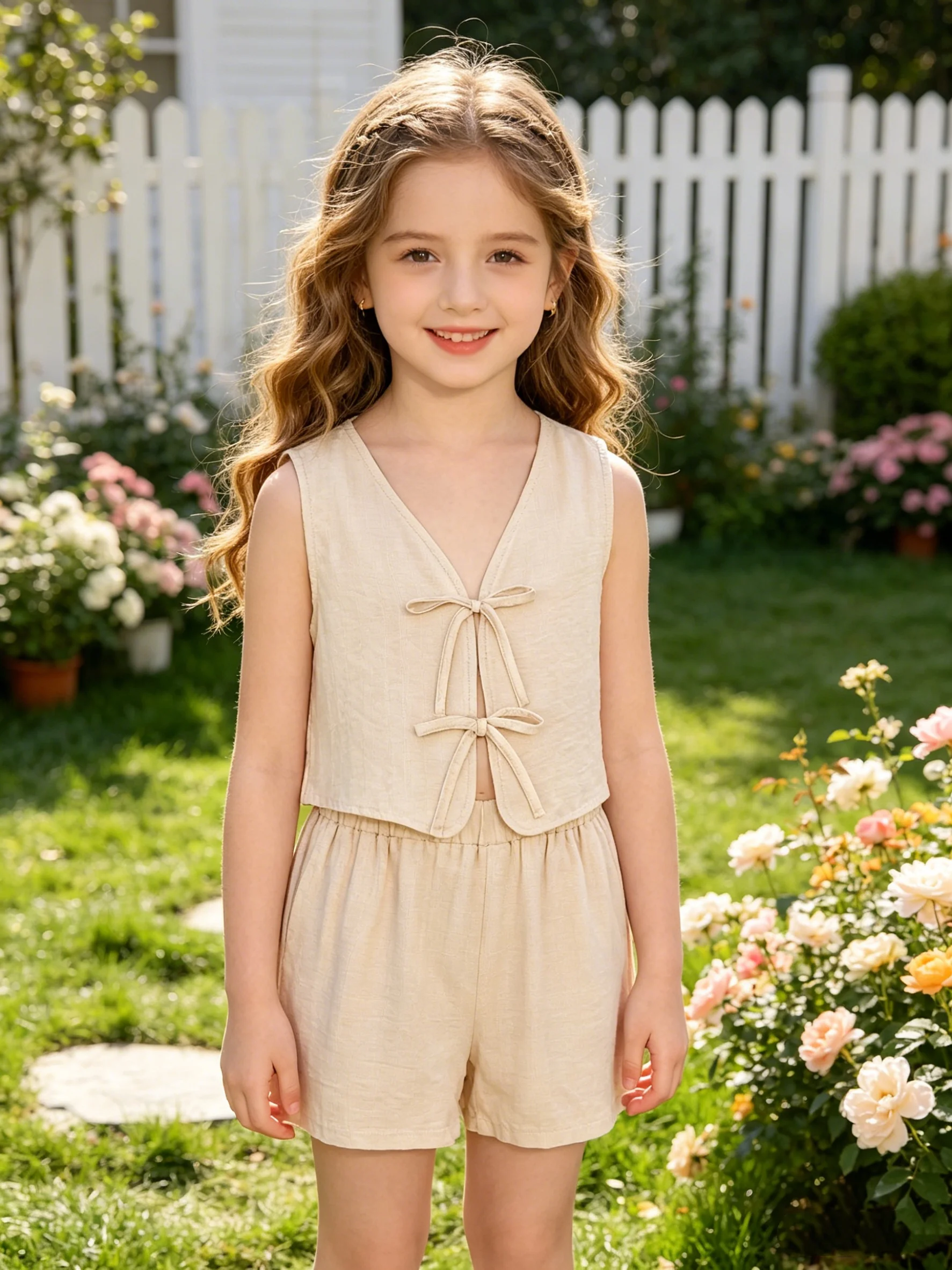 Girls Summer Cotton Linen Sleeveless Button-Up Vest Shorts Two-Piece Set Children's Traditional Wear Casual Outfit for Girls