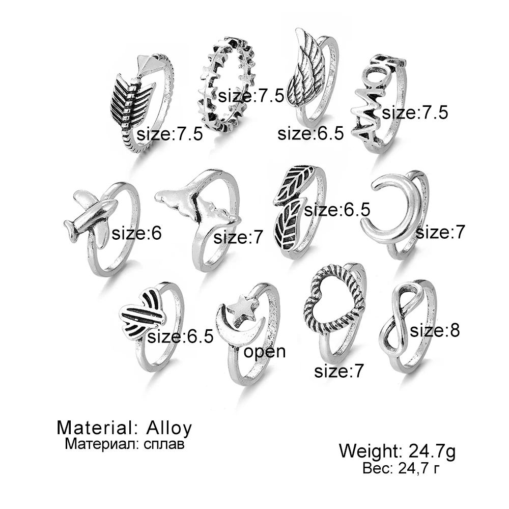 IFME 12 Pçs/set Gótico Conjunto Anel de Coração para As Mulheres Da Sereia Da Cauda Do Vintage Estrelas Lua Deixa de Prata Banhado Charme Retro Jóias Dedo
