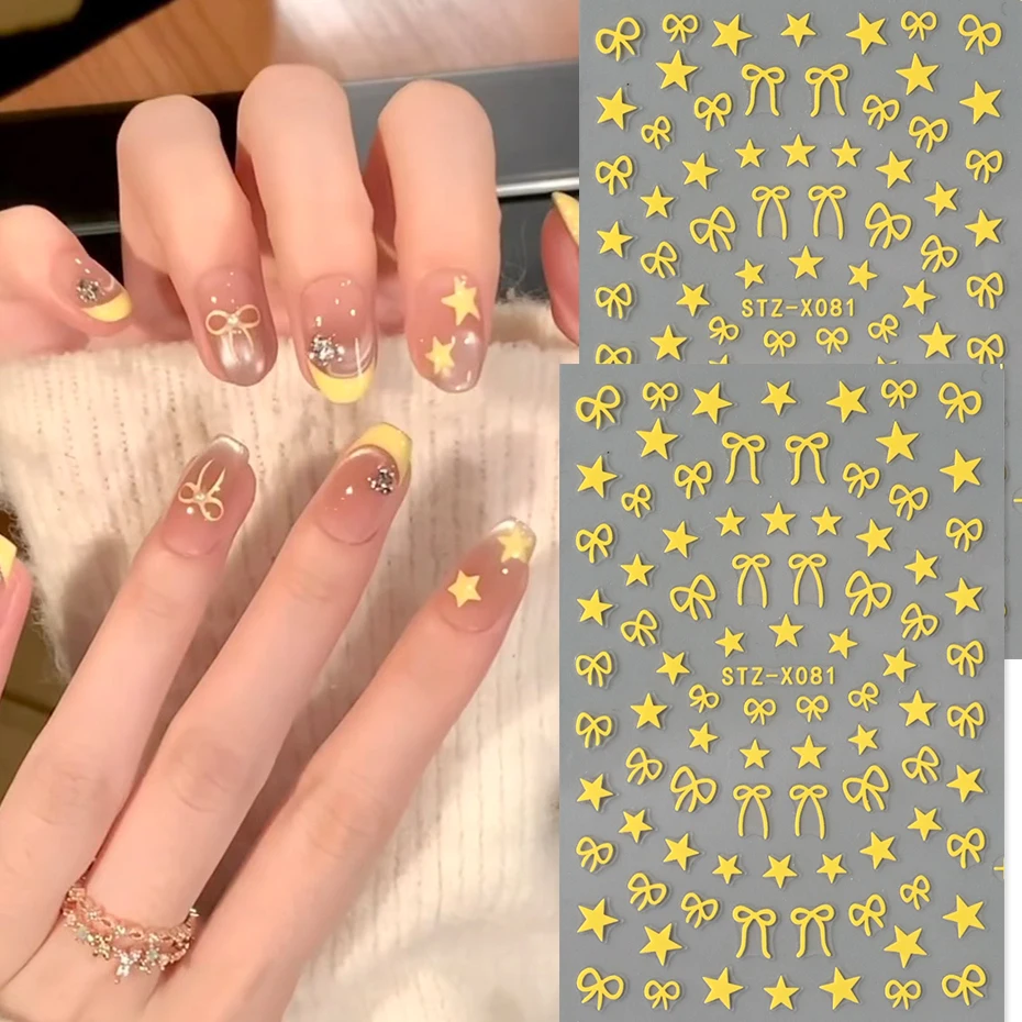2pcs Y2K Yellow Five Pointed Star Nail Art Stickers Simple Bow Star Self-Adhesive Nail Decals Manicure Decorations