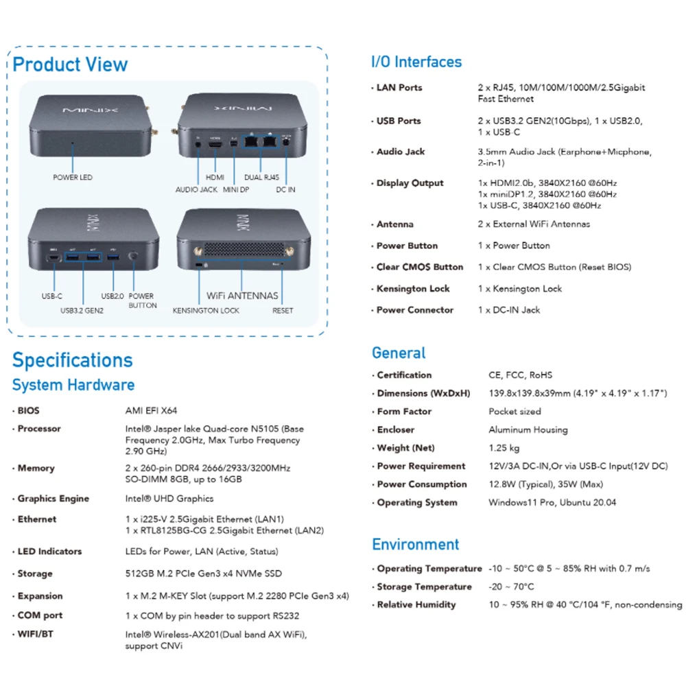 MINIX J51-C8 Mini PC MAX Intel Jasper Lake N5105 8GB DDR4 256GB 512GB SSD Windows 11 pro Wifi6 BT5.2 Computer da gioco Desktop