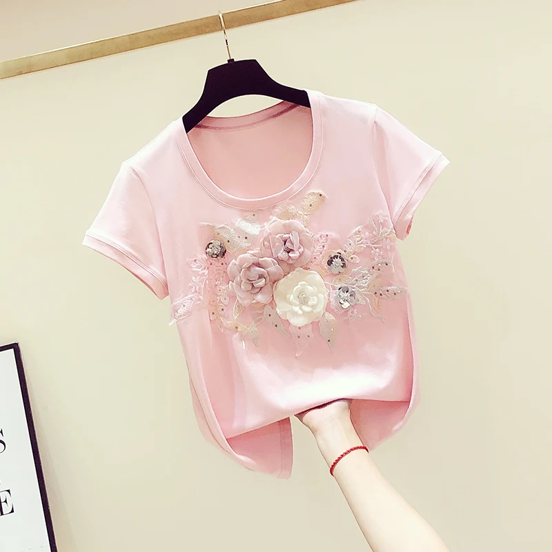 เสื้อผู้หญิง 2025 Ropa Mujerแขนสั้นO-คอ 3Dดอกไม้ฤดูร้อนTeesขนาดใหญ่เสื้อแฟชั่นสบายๆเย็บปักถักร้อยเสื้อยืดสีขาว