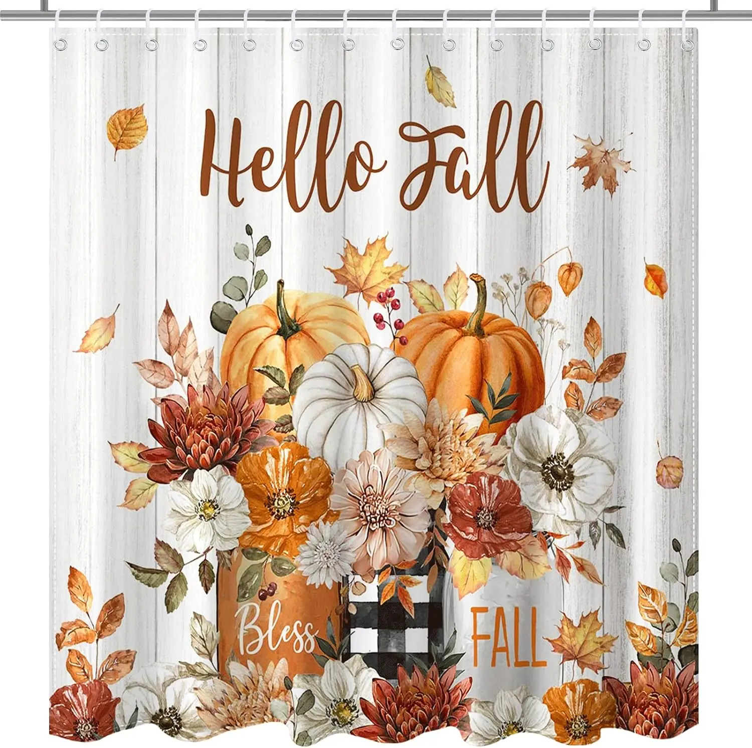 Lindameler Happy Fall Shower Curtain Autumn Pumpkin Shower Curtain with 12 Hooks Waterproof Fabric Fallen Leaves Maple Autumn Floral Bath Curtain for Fall Bathroom Decor, 72 X 72 Inch