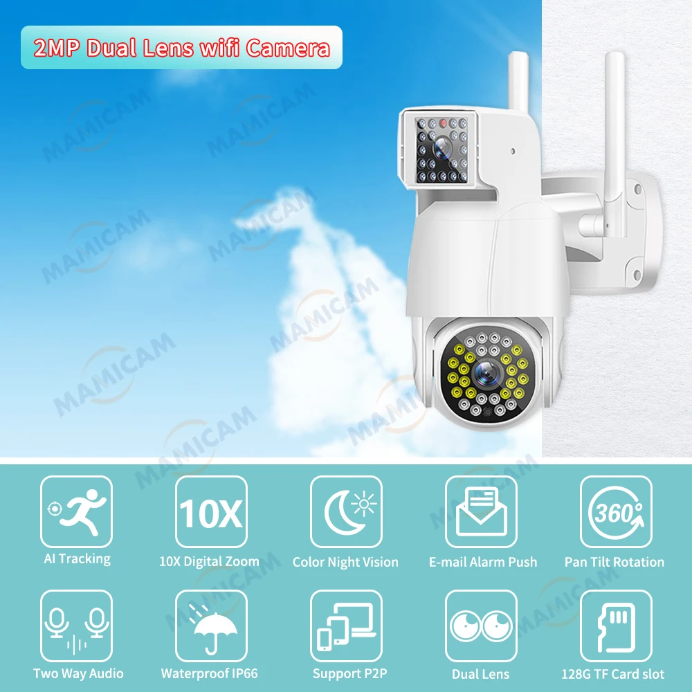 1080P WIFI PTZ Outdoor Security Protection CCTV Surveillance Cameras Video Record Dual Lens Camera 10X Digital Zoom AI Tracking