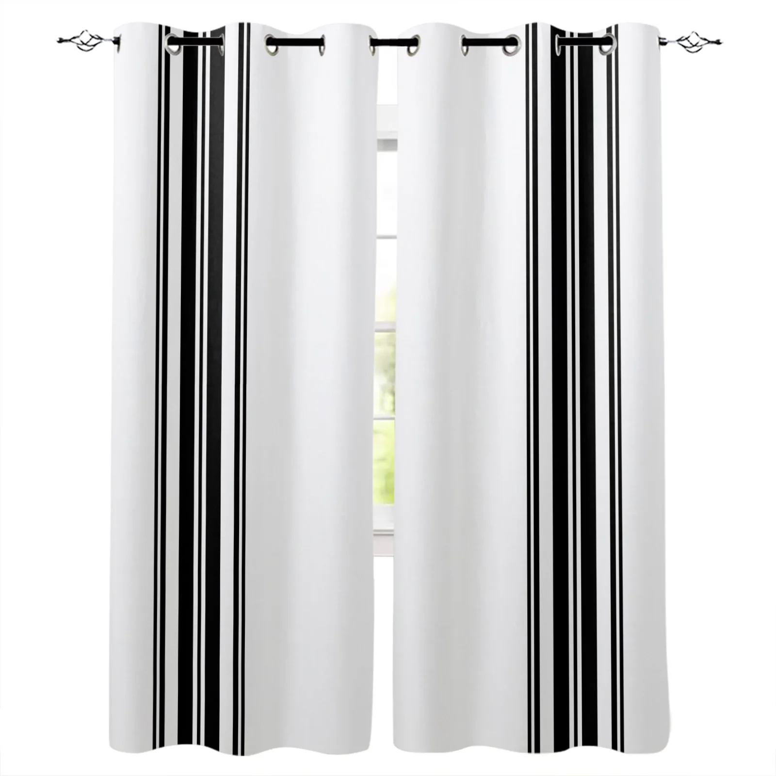 Simple Black And White Stripes Abstract Boy Window Curtains Drape for Kids Bedroom Living Room Kitchen Door Home Decor 2Pieces