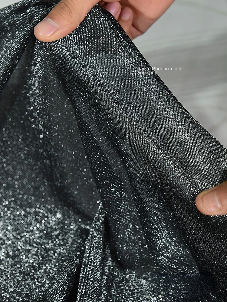 Shiny High Elasticity Fabric Black Silver Thread Draped Dress Apparel Sewing Fabric Cloth for By The Meter Diy Material