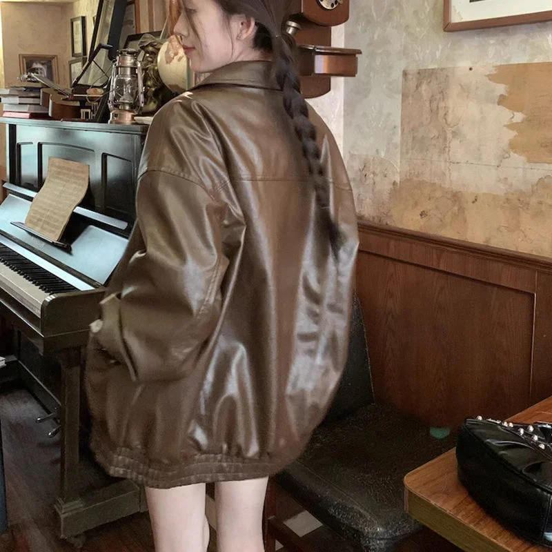 Vintage Maillard brown leather jacket for women fall and winter PU leather bomber jacket streetwear women versatile outerwear