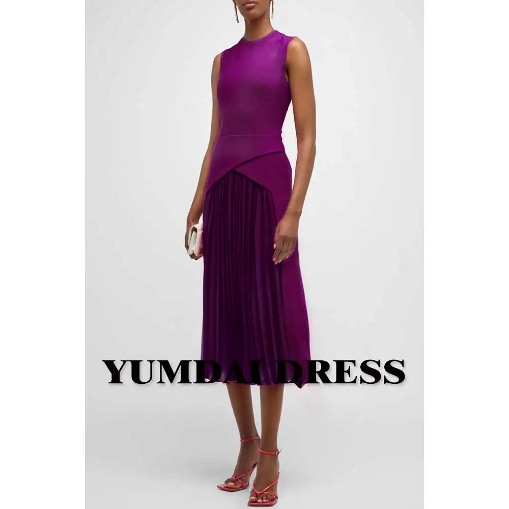 

YUMDAI Purple Sleeveless Knee-length Dress Special Occasion Pleated A-line Skirt Evening Gown Saudi Arabia Smock Dress 2023 Newn