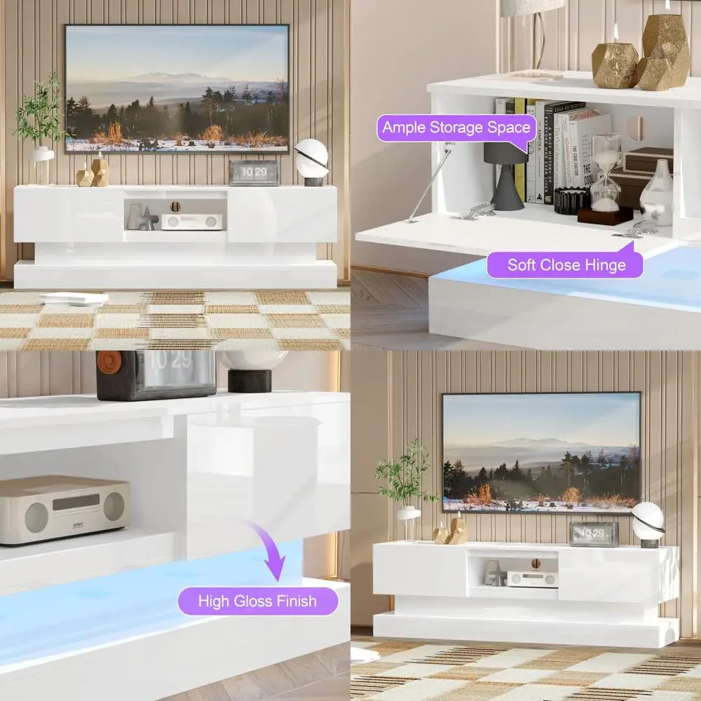 Stylish Dual-Tier TV Stand with LED Lights & Storage, Glossy White Entertainment Center for Home